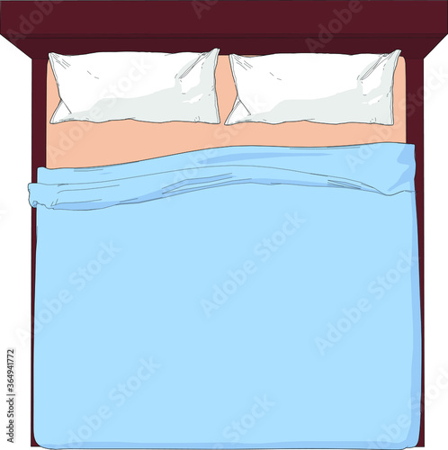 top view front angle Birds eye view perspective Double bed furniture interior element pillows blanket oak wood brown blue white