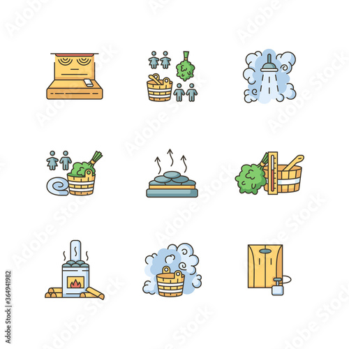 Steam treatment RGB color icons set. Finnish and russian sauna culture, healthy lifestyle. Steam bath types and bathhouse accessories. Isolated vector illustrations