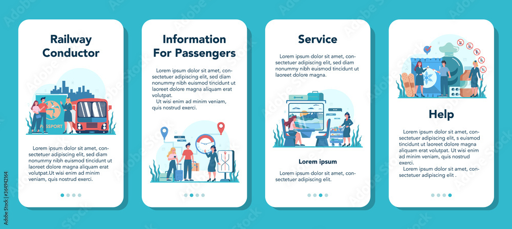 Railway conductor mobile application banner set. Railway worker Railway conductor mobile application banner set. Railway worker