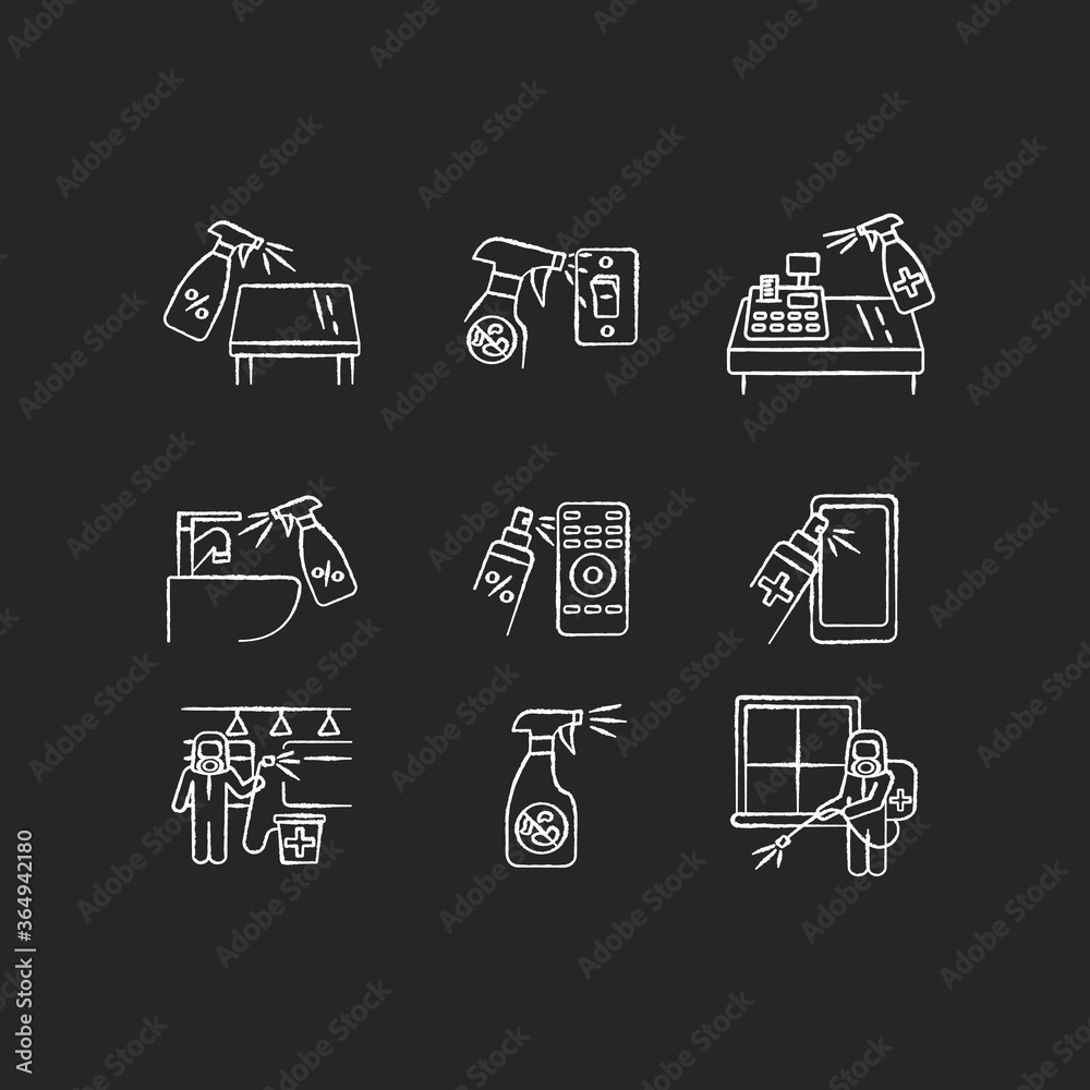 Decontamination chalk white icons set on black background. Professional sanitary service, house cleansing. Sterilization with antibacterial disinfectants. Isolated vector chalkboard illustrations