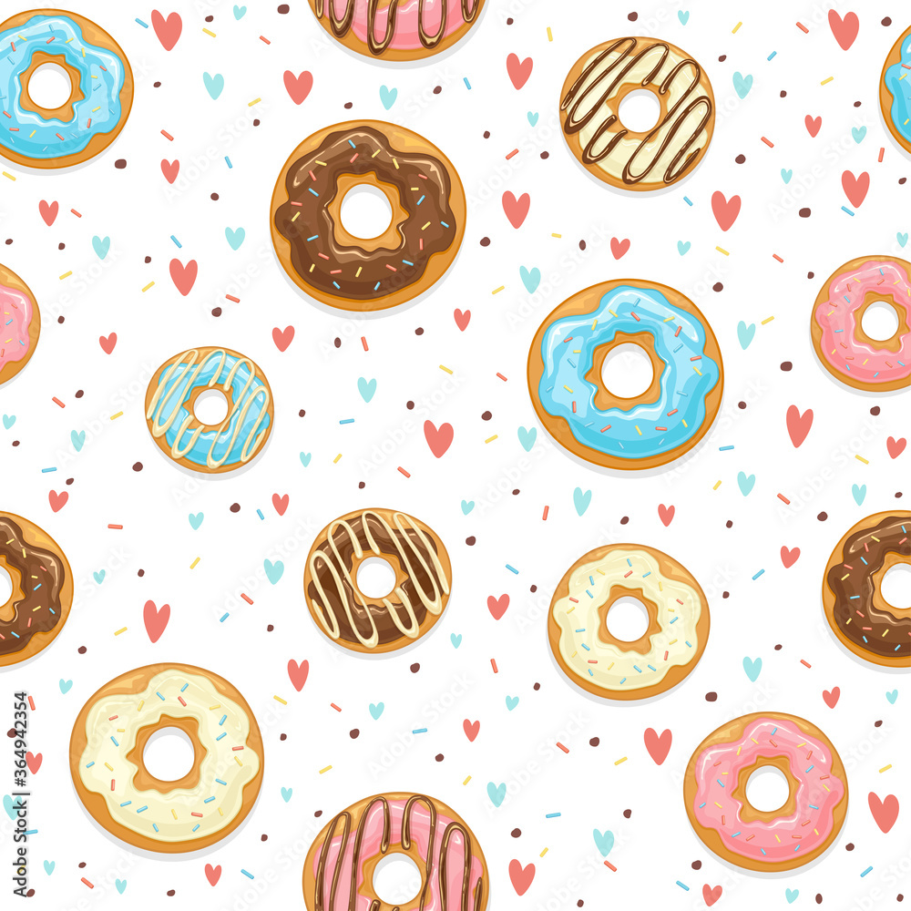 Seamless Background with Glazed Donuts and Colorful Sprinkles Seamless Background with Glazed Donuts and Colorful Sprinkles