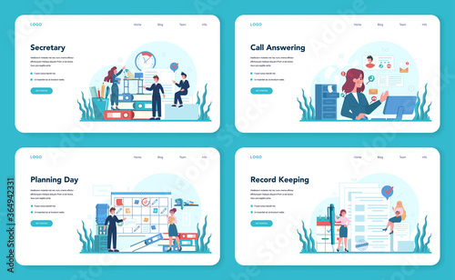 Secretary web banner or landing page set. Receptionist answering