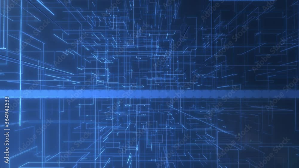 Communication network in blue cyberspace. Abstract animated background in 4k.