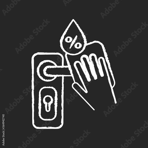 Door knob disinfection chalk white icon on black background. Home sterilization, surface cleaning, house cleansing. Door handle and antibacterial wipe isolated vector chalkboard illustration