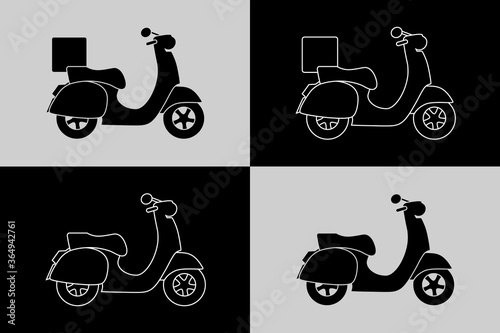 Pictogramme d’une silhouette d’un scooter, noir ou en filet, avec ou sans caisse de livraison.