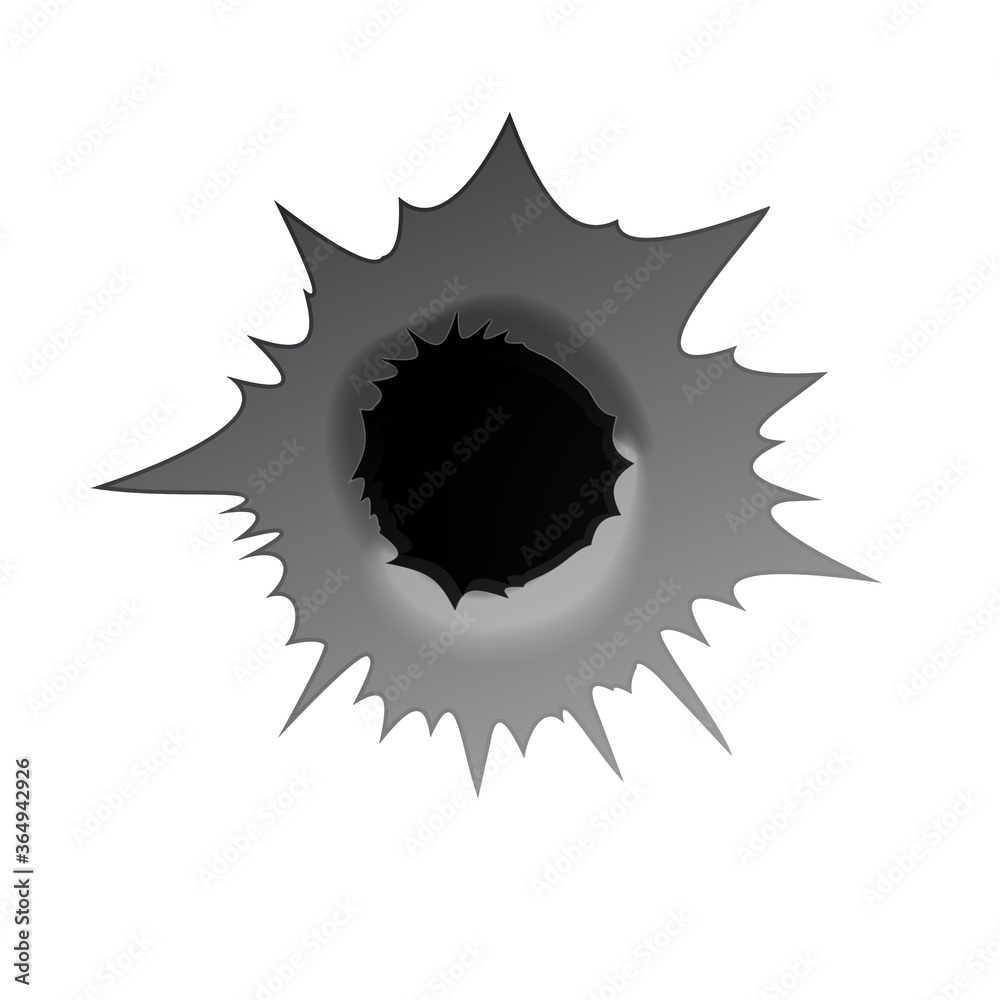 Bullet hole on white background. Realisic metal bullet hole, damage effect. Vector illustration. Bullet hole on white background. Realisic metal bullet hole, damage effect. Vector illustration.