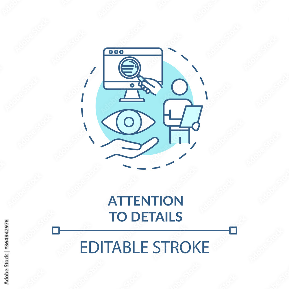 Attention to details concept icon. Advocate skill. Information analysis. Good lawyer requirement idea thin line illustration. Vector isolated outline RGB color drawing. Editable stroke