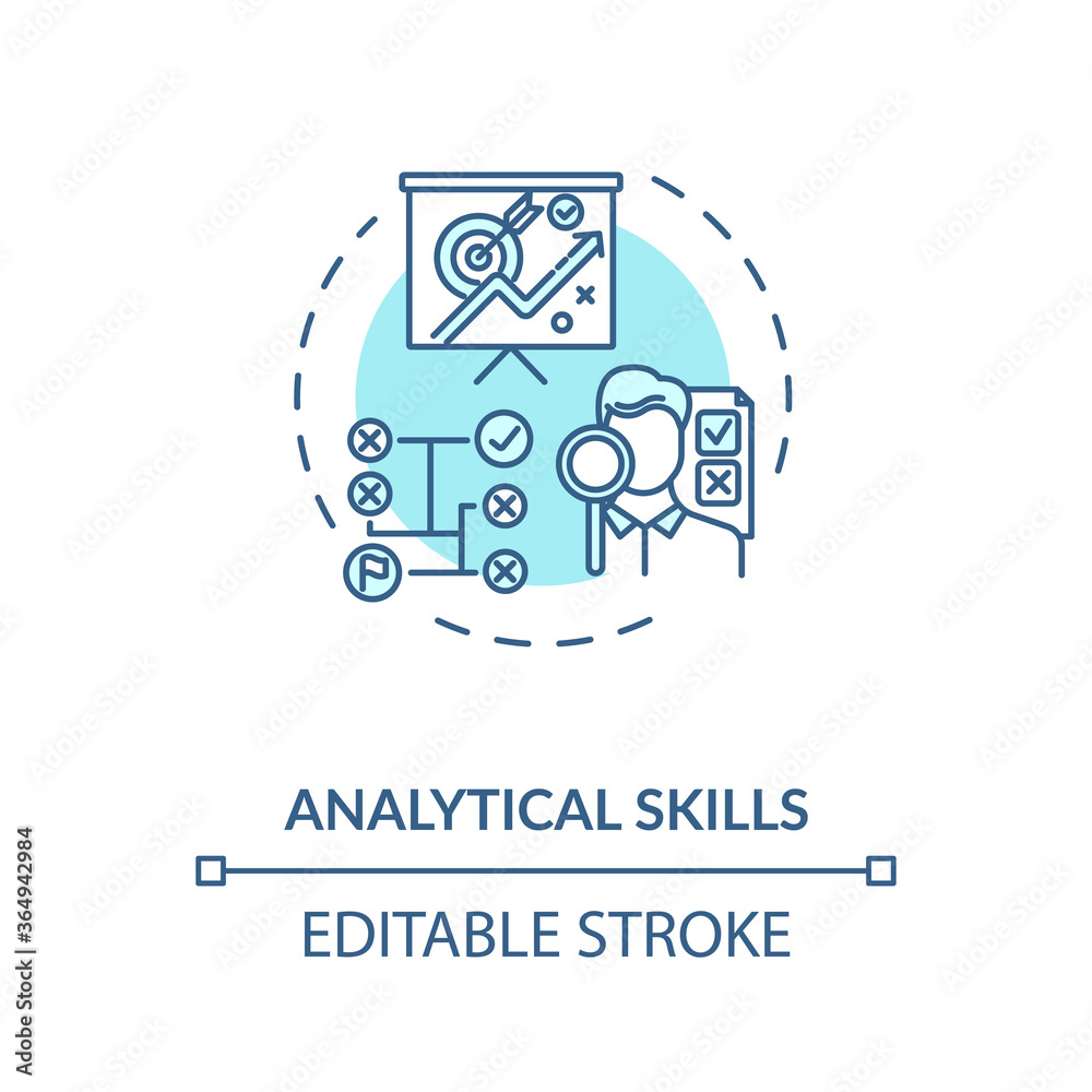 Analytical skill concept icon. Good lawyer and analyst requirement. Information analyzing ability idea thin line illustration. Vector isolated outline RGB color drawing. Editable stroke