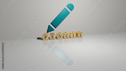 3D graphical image of PENCIL vertically along with text built by metallic cubic letters from the top perspective, excellent for the concept presentation and slideshows. illustration and background photo