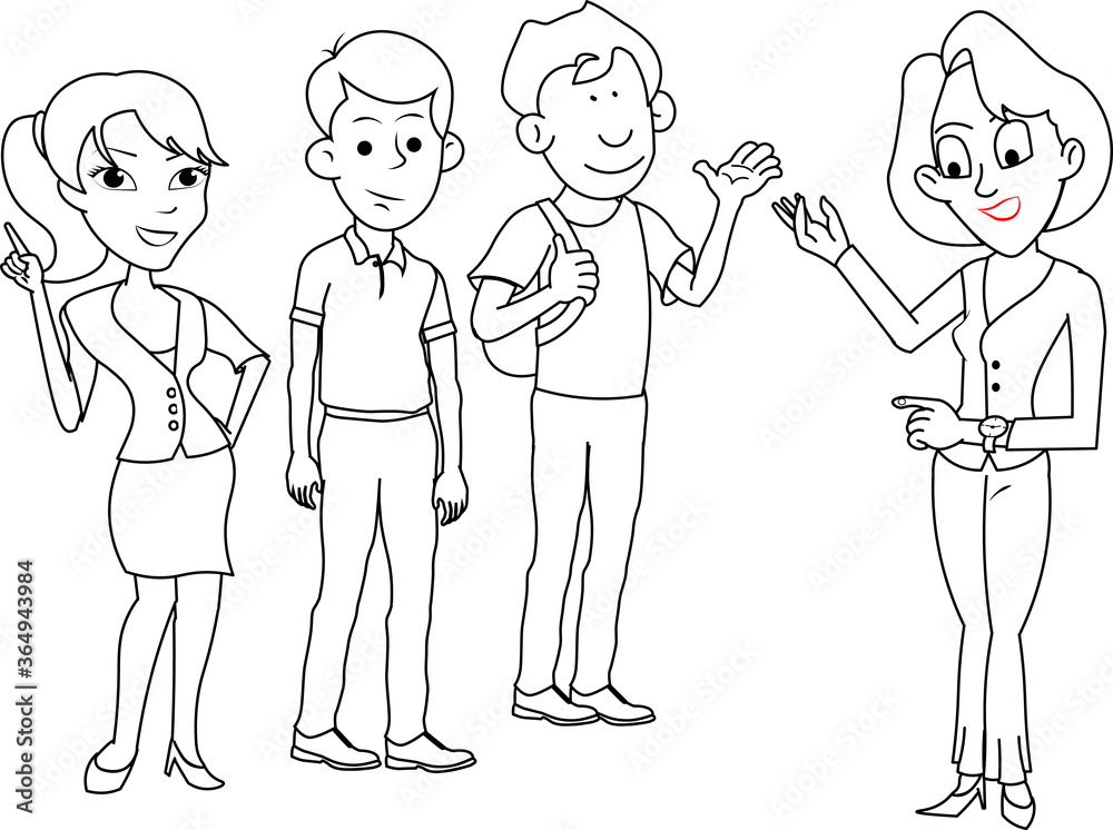 Woman Four friends man boy girl lady business school student talking pointing looking at time on wrist watch