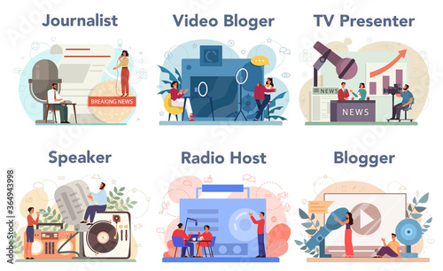 Journalist concept set. Newspaper, internet and radio journalism. TV