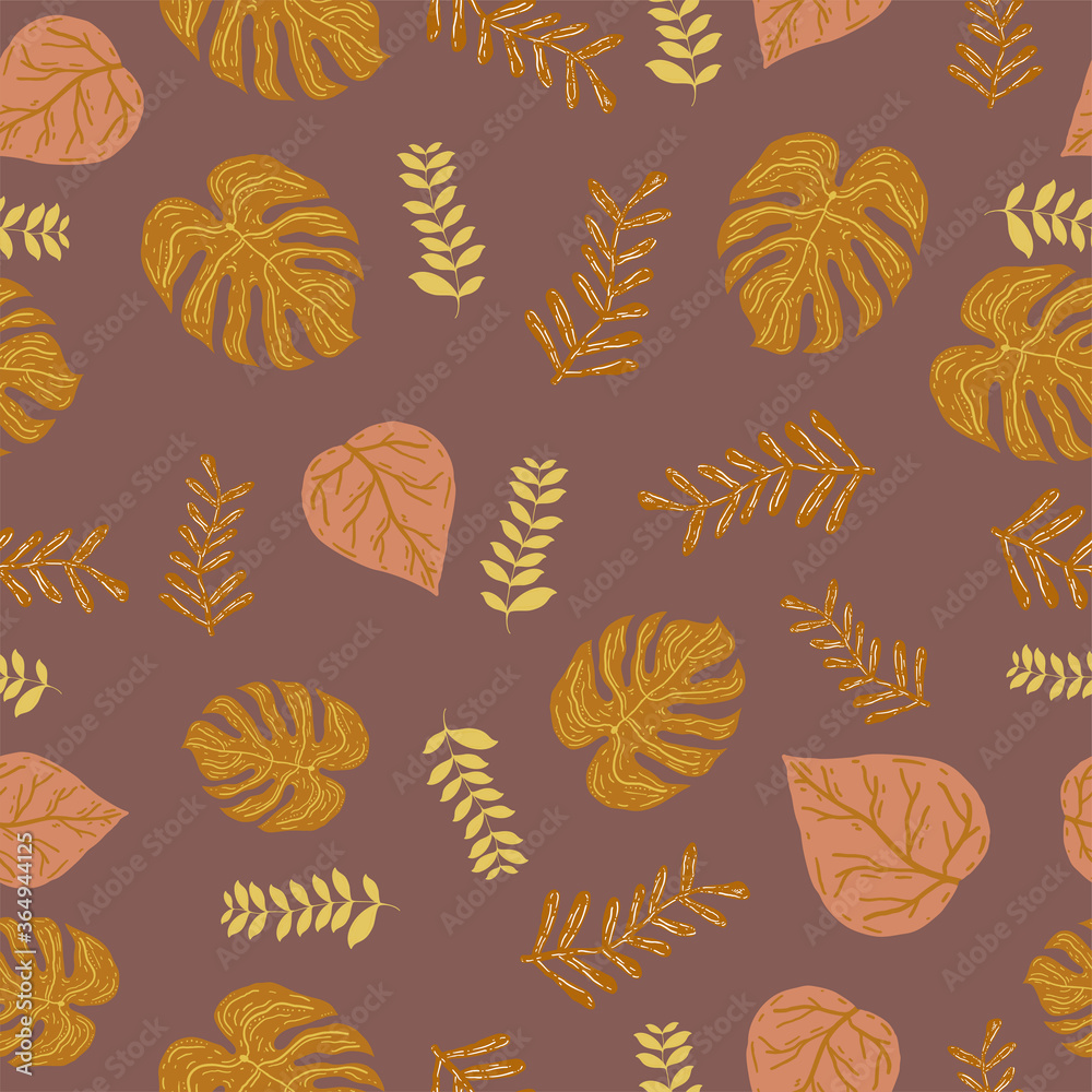 Leaf orange and chocolate color vector seamless pattern. Beautiful orange and chocolate leaf retro background. The elegant fabric on light background Surface pattern design. - obrazy, fototapety, plakaty 