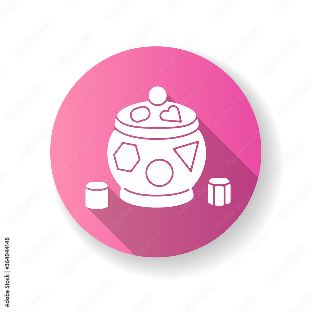 Shape sorter pot pink flat design long shadow glyph icon. Sorting toy for toddlers. Early childhood education and activities. Color and shape identification. Silhouette RGB color illustration