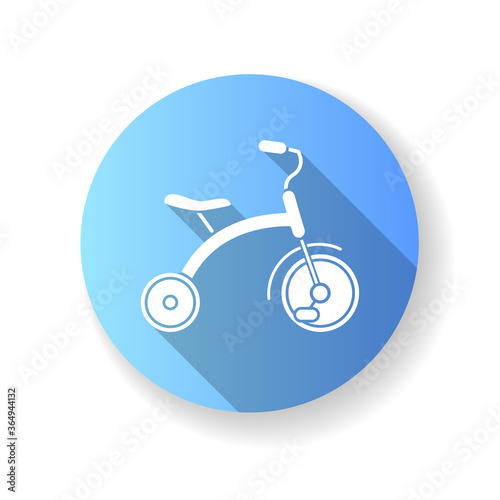 Tricycle blue flat design long shadow glyph icon. Trikes for toddlers. Children ride on equipment. Kids coordination and balance development. Children activity. Silhouette RGB color illustration