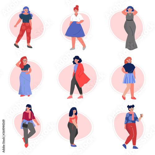 Attractive Plus Size Women Set, Beautiful Curvy, Overweight Girls in Fashionable Clothes, Body Positive Concept Vector Illustration