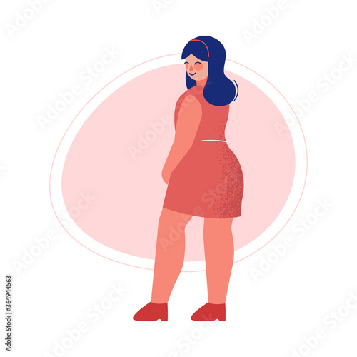 Attractive Plus Size Woman in Red Short Dress, Beautiful Curvy, Overweight Girl in Fashionable Clothes Vector Illustration