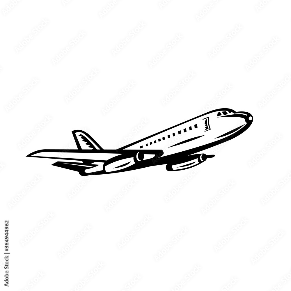 Jumbo Passenger Jet Airliner Taking Off Side Retro Black and White Jumbo Passenger Jet Airliner Taking Off Side Retro Black and White