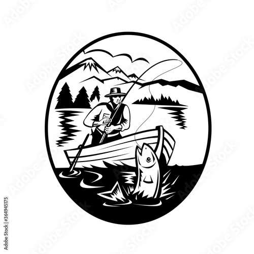 Trout Fisherman on Boat Fishing in Lake with Rod and Reel Hooking Fish Retro Black and White