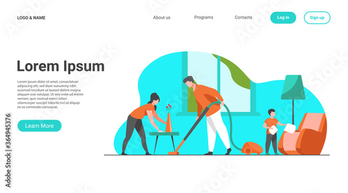 Happy family housekeeping together flat vector illustration. Daughter, mother and father working for household and clean home. Housekeeping and house concept