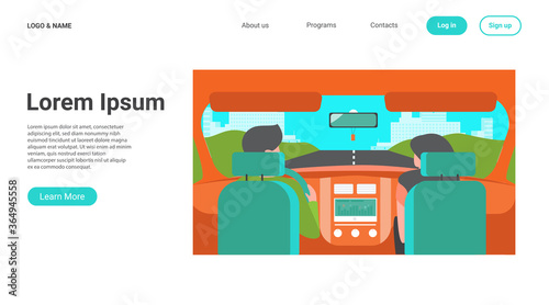 Couple riding vehicle. Back view of driver and passenger inside car interior. View from backseat. Vector illustration for driving, transportation, automobile, traffic concept