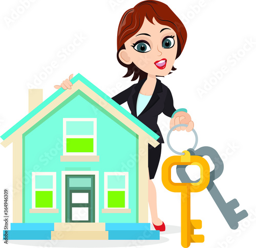 Wonderful smart girl holding a real estate house home building handing over keys for the house sale delivery handover rental service loan buy successful property business