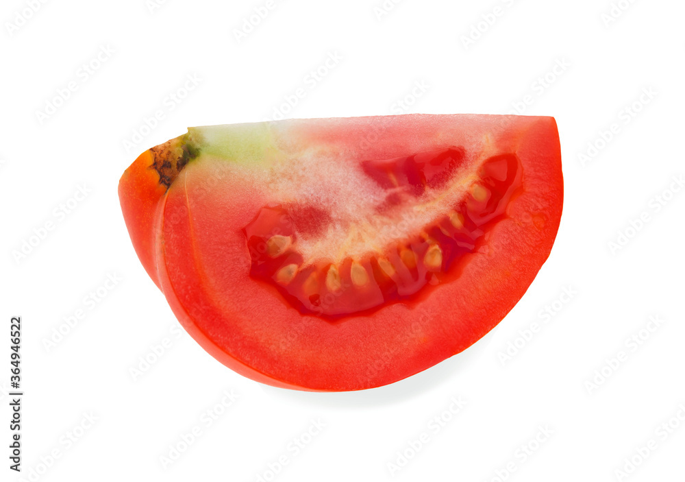 slice of tomato isolated on white background. Studio macro shot.