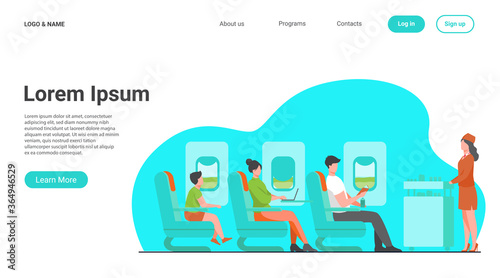 Air trip with comfort flat vector illustration. Passengers waiting for airline meal. People travelling by plane and sitting near airplane window. Airline, tourism and journey concept.