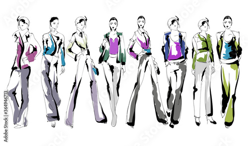 Beautiful young women in modern style.. Hand drawn stylish woman portrait. Fashion lady. Festive outfit. Sketch. Fashion model posing in dress. Hand drawn fashion woman.