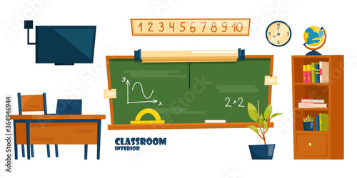 School Classroom Interior. Empty class for study, interior with chalkboard and teachers desk. Vector cartoon illustration.