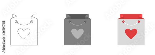 Vector paper shopping bag with heart label. Concept of e-commerce, merchandise, offer, promotion, commercial, sell-out