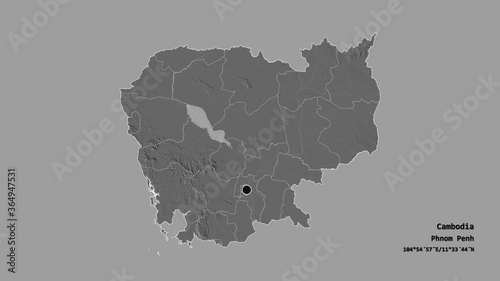 Stœng Trêng, province of Cambodia, with its capital, localized, outlined and zoomed with informative overlays on a bilevel map in the Stereographic projection. Animation 3D photo