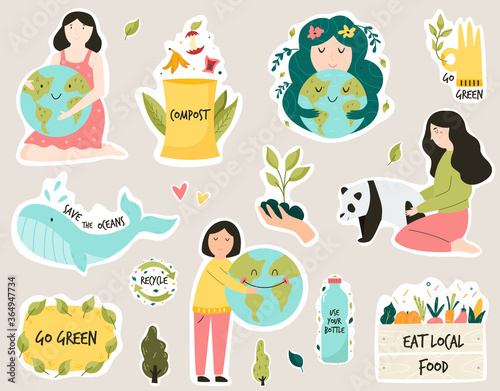 Set of colorful stickers with eco friendly slogans and illustrations. Composting, Trees planting, Eating local food, Bring your own bag concepts. Vector illustration