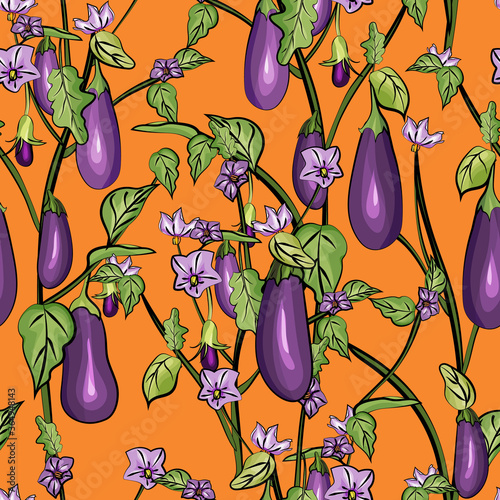 Purple eggplant, leaves, flowers on orange background. Seamless pattern with aubergine for kitchen design, textile, print, wallpaper, wrapping paper. Cartoon style. Vector stock illustration.