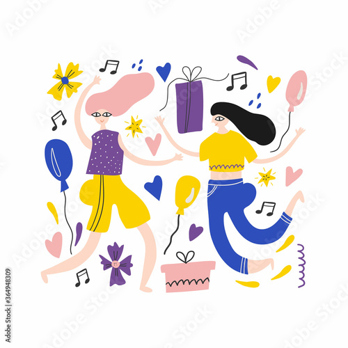 Girls dansing. Women have fun on party. Hand drawn colorful flat doodle vector illustration for banner poster postcard