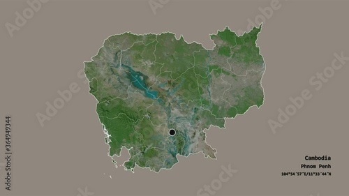 Takêv, province of Cambodia, with its capital, localized, outlined and zoomed with informative overlays on a satellite map in the Stereographic projection. Animation 3D photo
