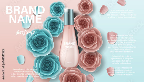 Cosmetics product perfume advertising for your design. Branding package template for catalog, poster. Perfume ad with pink and green rose flowers 3d illustration