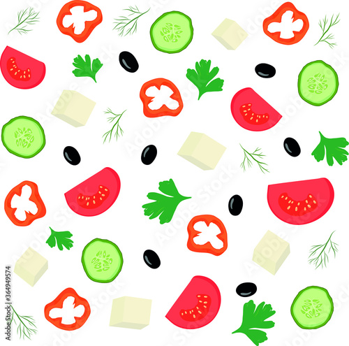 The ingredients of Greek salad. Pattern of vegetables and herbs. Tomatoes, cucumbers, peppers, olives, parsley and dill. Template for menus, business cards, textiles, Wallpaper, wrapping paper, etc.