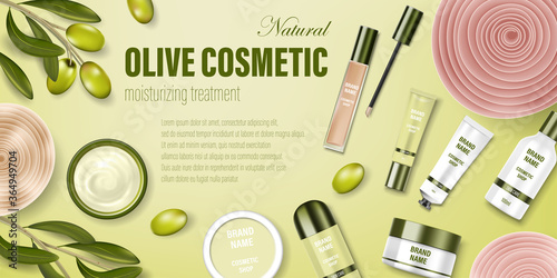 Cosmetic poster ad. Realistic glass jar with green olives and soft flowers. Face cream, body wash, lotion, deodorant, cosmetic bottle template. Realistic 3d illustration.