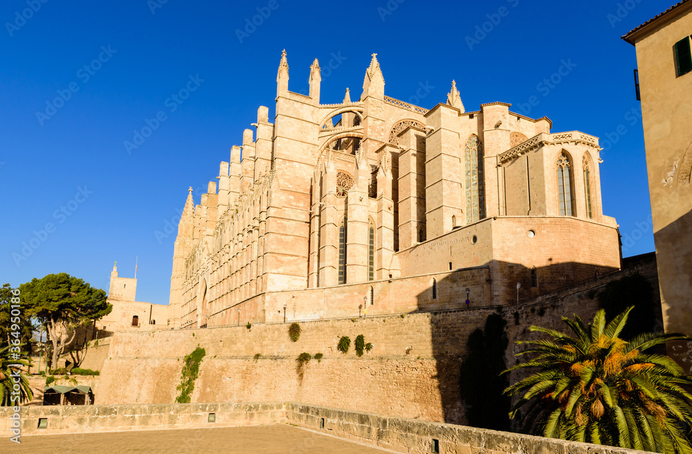 Sightseeing of Mallorca. La Seu, the gothic medieval cathedral of Palma de Mallorca, Mallorca island, Balearic Islands, Spain