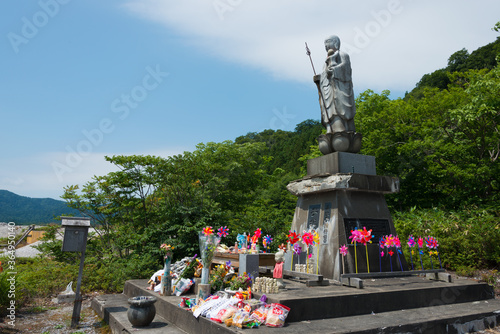 Jizo Bosatsu Statue at Osorezan Bodaiji Temple in Mutsu, Aomori, Japan. founded in 862 AD by the famed monk Ennin, a famous historic site. photo