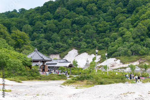 Beautiful scenic view from Osorezan Bodaiji Temple in Mutsu, Aomori, Japan. founded in 862 AD by the famed monk Ennin, a famous historic site. photo