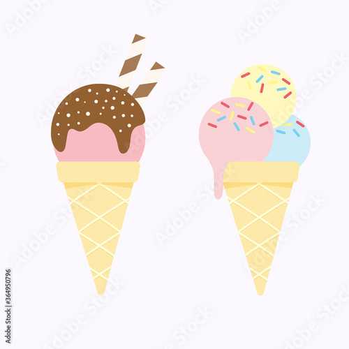Ice cream in bright cartoon style. Sweet summer desserts vector illustrations. Tasty sweet ice-cream with chocolate and sprinkling topping