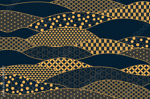 Traditional oriental patterns abstract geometric background, gold on blue. Minimal modern Chinese, Japanese style vector illustration. Design concept for Mid autumn festival card, poster, banner.