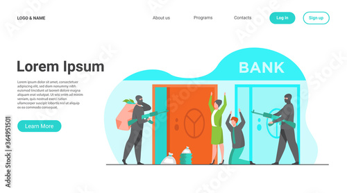 Gangsters with gun robbing bank. Criminals aiming riffle at workers, taking bags with money. Vector illustration for finance, security, robbery, burglars concept