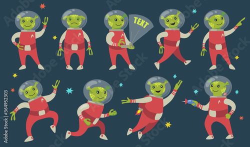 Funny green aliens flat icon set. Cute futuristic character of humanoid astronaut in spacesuit vector illustration collection. UFO and space concept