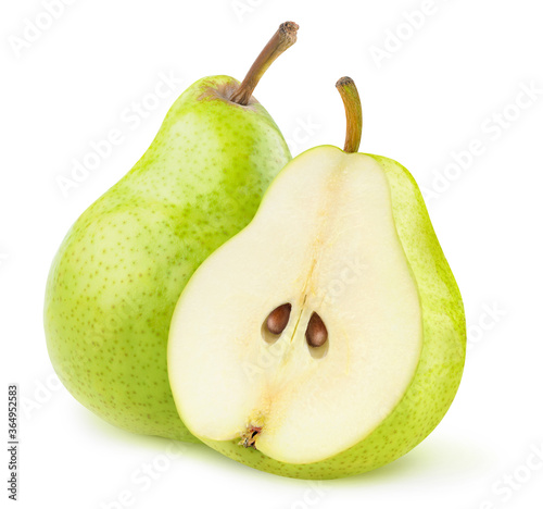 One whole green pear and a pear half isolated on white background