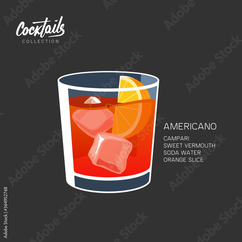 Americano Negroni cocktail vector illustration ice orange slice