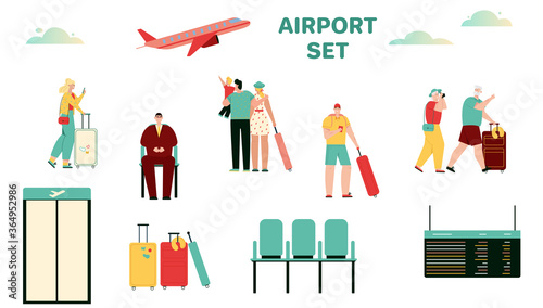Vector illustration of people at airport terminal scene set