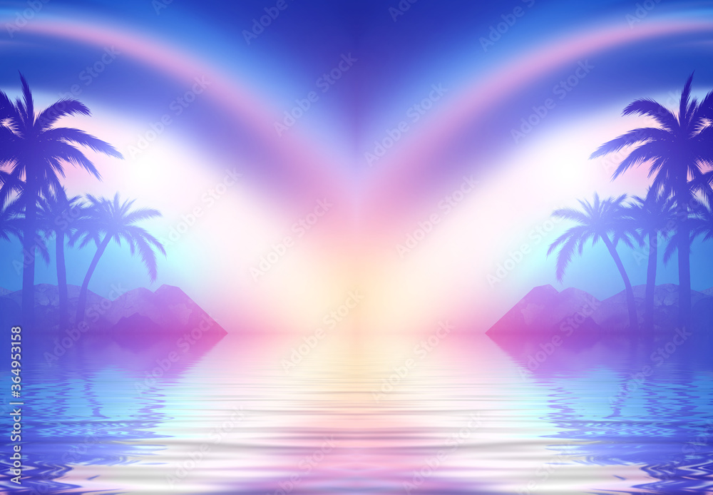 Naklejka premium Abstract futuristic background. Neon glow, reflection of tropical palm trees on the water. Night view, beach party. 3d illustration