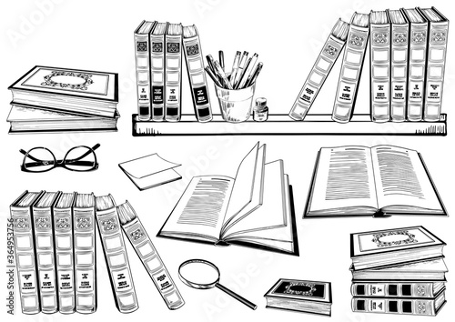 Set of books, glasses and bookshelf.